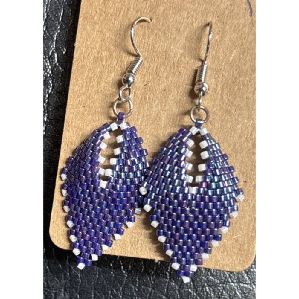 Handmade Beaded Peyote Leaf Earrings‎ White Dangle Boho Artisan Crafted